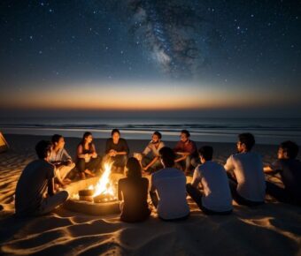 Students around a bonfire