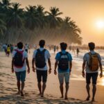 Backpacking students stroll around Coxs Bazar beach