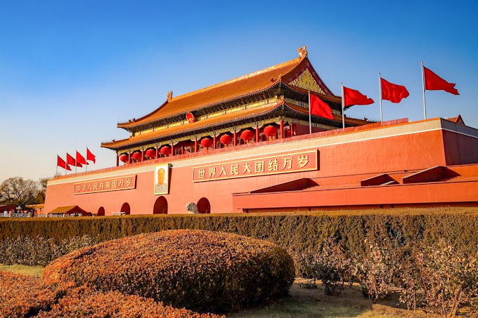 The Palace Museum surrounded with red flags
