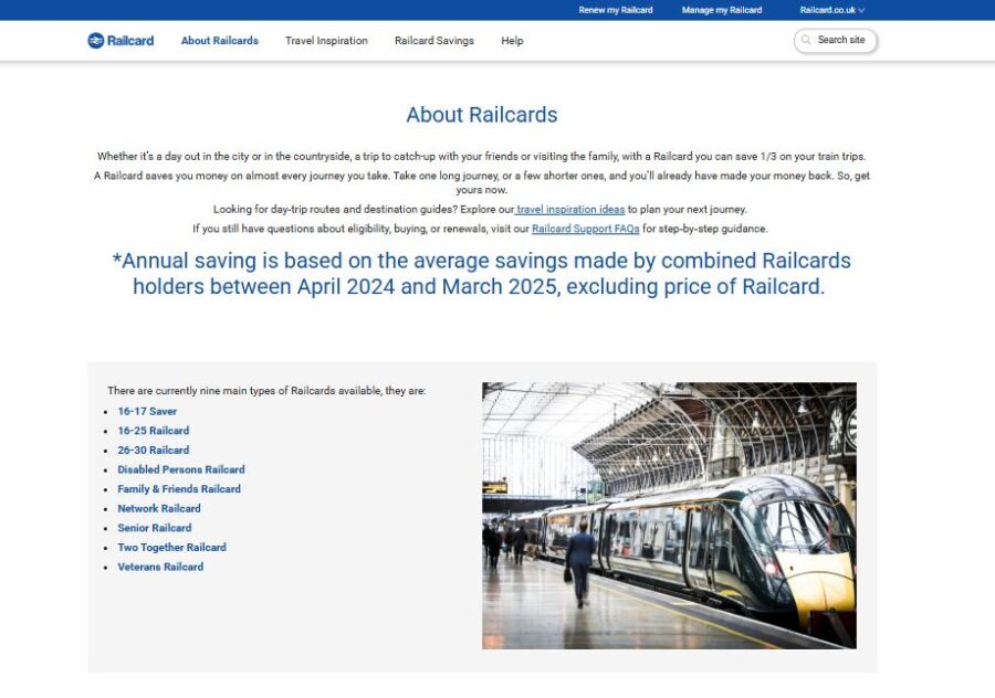 Webpage about Railcards. Text highlights saving on train trips, lists nine types of Railcards. Image of a modern train in a spacious station