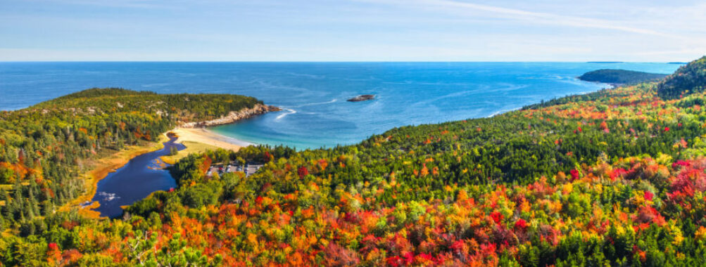 Expansive scene of colorful autumn leaves contrasting with the blue waters of the bay in Acadia National Park.