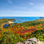 Expansive scene of colorful autumn leaves contrasting with the blue waters of the bay in Acadia National Park.