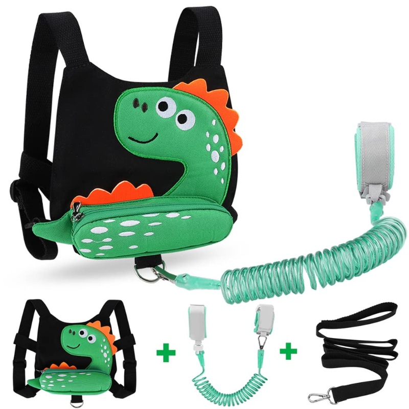Colorful dinosaur backpack featuring a safety leash and holder, ideal for keeping children secure while exploring.