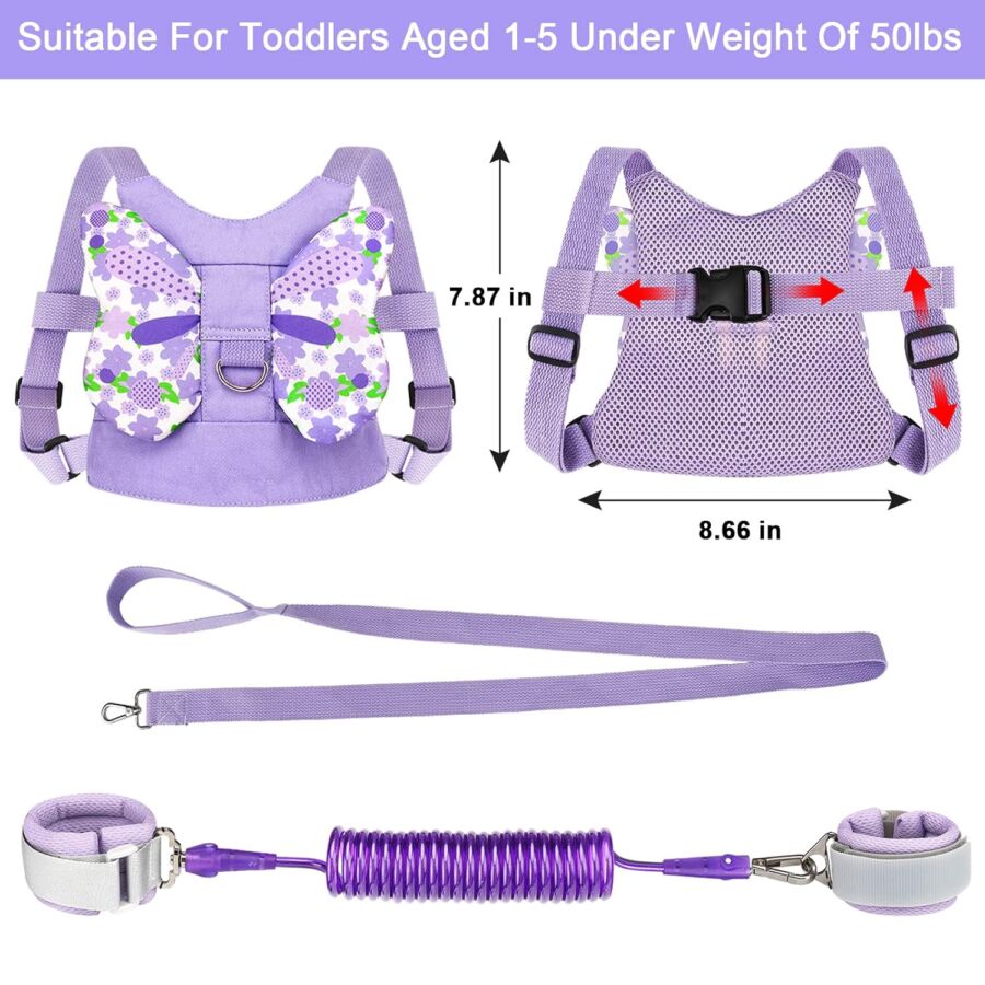 Accmor Butterfly Child Harness Backpack in purple, providing a secure and playful option for toddler safety while walking.