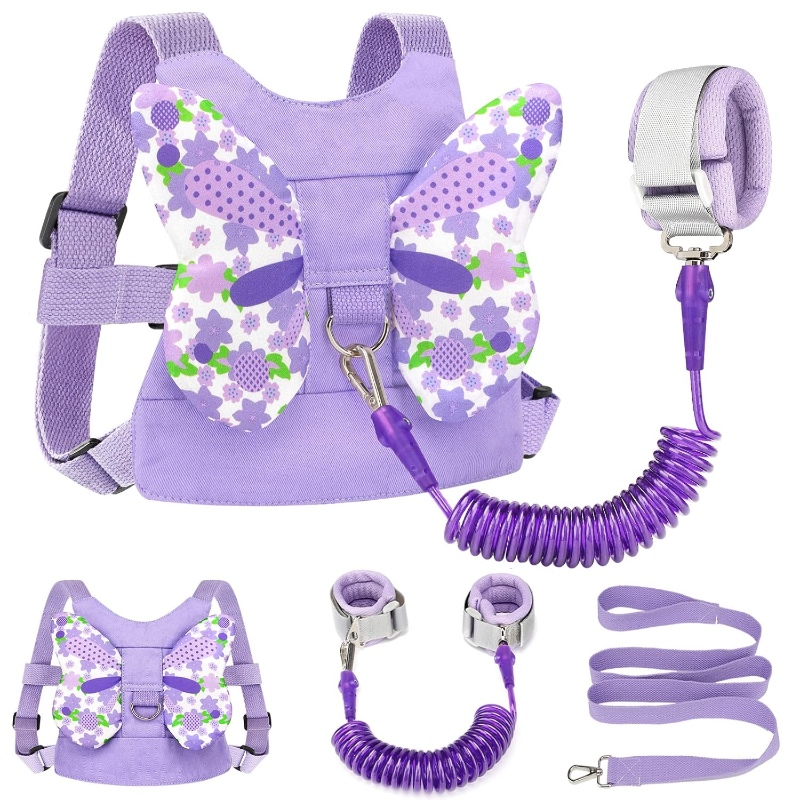 Accmor Purple butterfly child harness backpack with a matching leash, designed for safety and fun during outdoor activities.