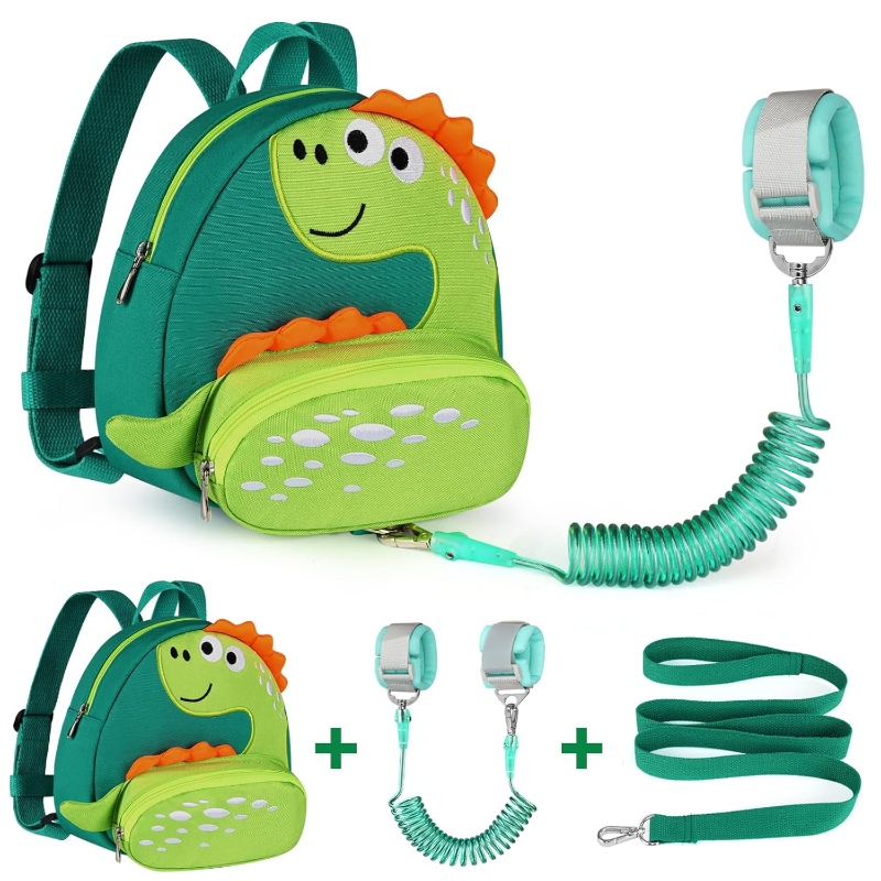 Accmor Dino Harness Backpack featuring a playful dinosaur design and a detachable safety leash for child safety.