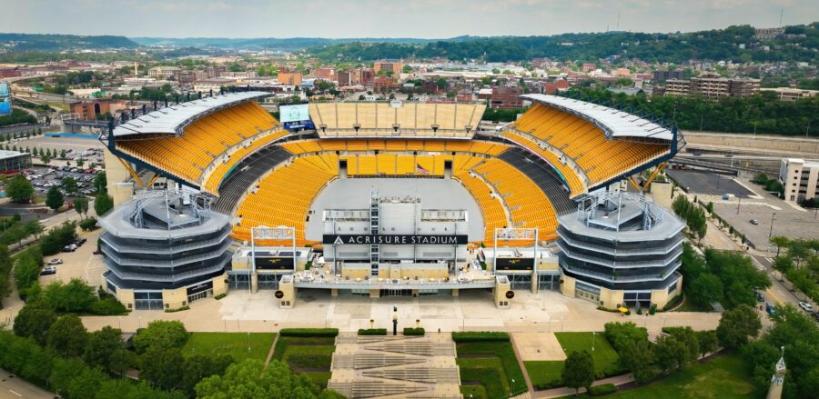 Aerial view of Acrisure Stadium, known as Heinz Field, home to the Pittsburgh Steelers and University of Pittsburgh football