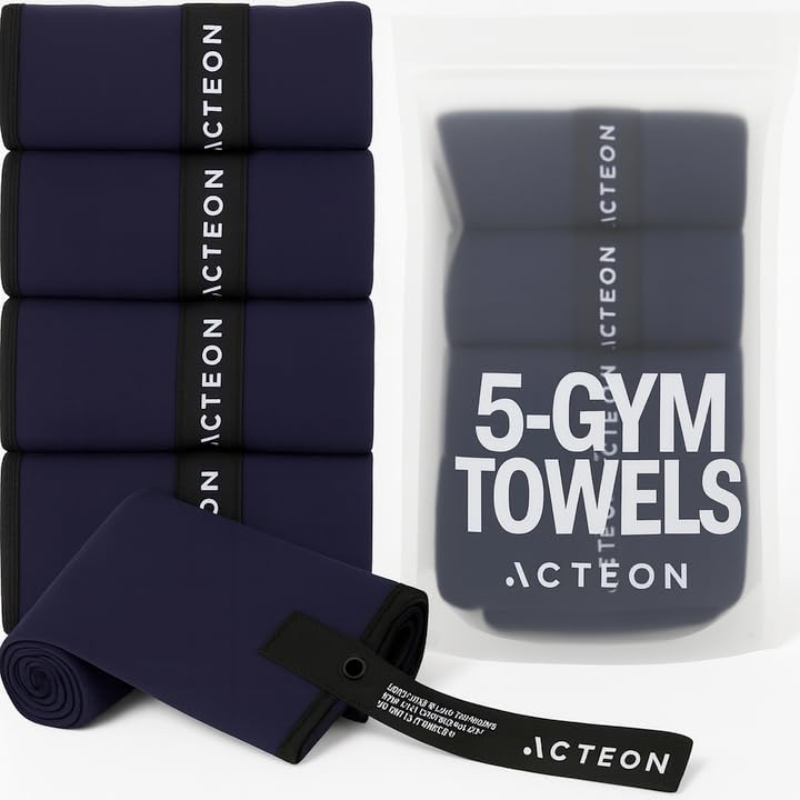 Five-pack of Acteon odor-free microfiber gym towels, each featuring the word "action" prominently displayed.
