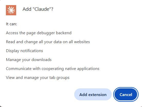 Prompt to add an extension named "Claude" with capabilities like accessing debugger backend and managing downloads. Options to "Add extension" or "Cancel."