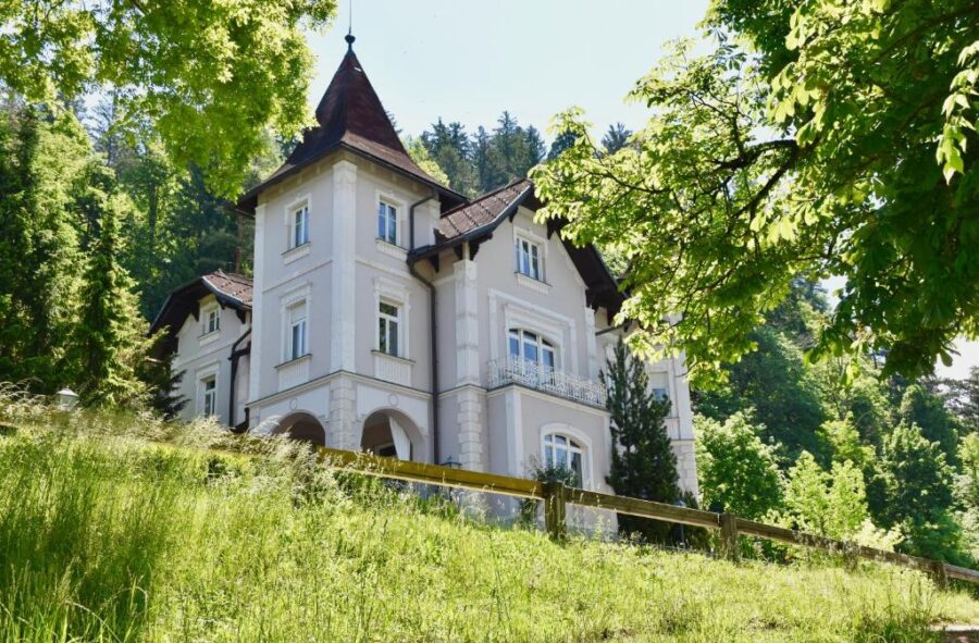 The Adora Luxury Hotel, a large white house, perched on a hillside in Slovenia.