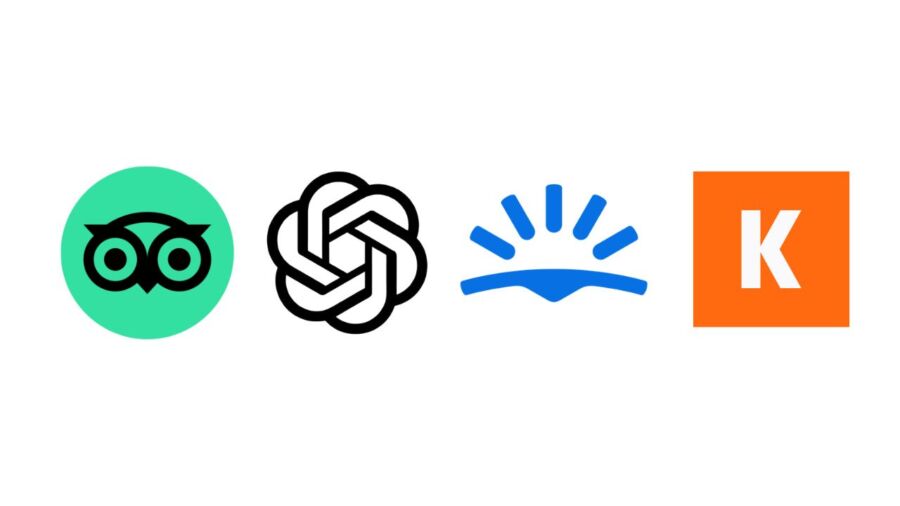Four logos are displayed on a white background: TripAdvisor's owl in a green circle, OpenAI's knot design, Skyscanner's blue fan, and Kayak's orange block with "K".
