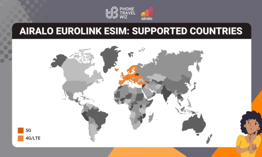 Map of Airalo Eurolink eSIM coverage highlighting 5G and 4G/LTE regions.