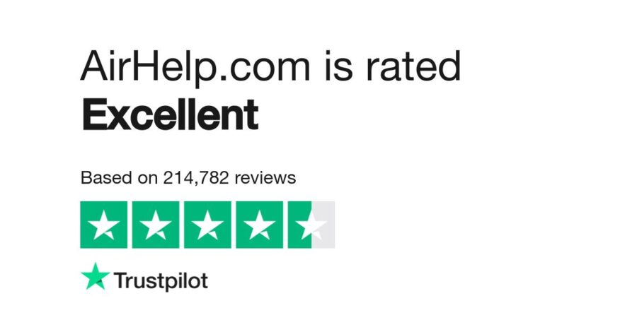 AirHelp rated Excellent by Trustpilot with high user reviews, showcased with stars.