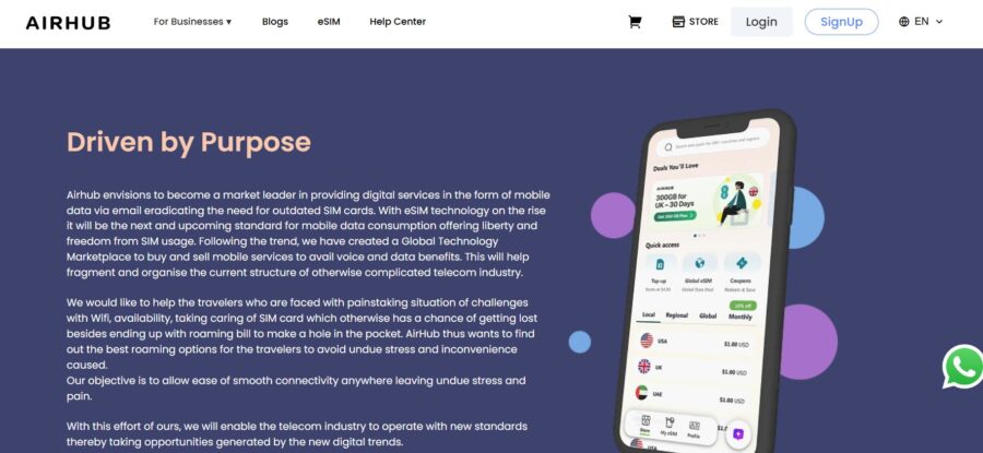 AirHub website section titled 'Driven by Purpose,' detailing their vision for eSIM technology usage. Features a smartphone image with app interface icons and text highlighting ease of mobile services and data access
