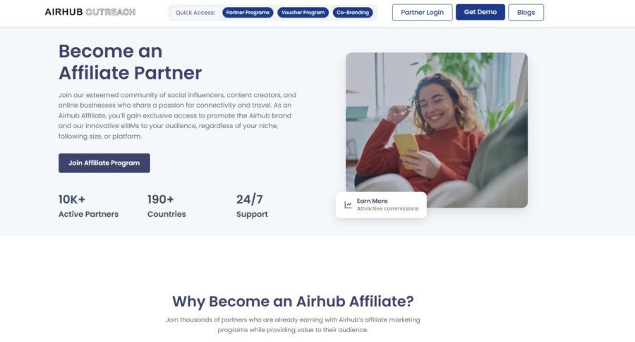 Airhub promoting an affiliate program with a cheerful person holding a card, emphasizing benefits like 10k+ partners, 190+ countries, and 24/7 support