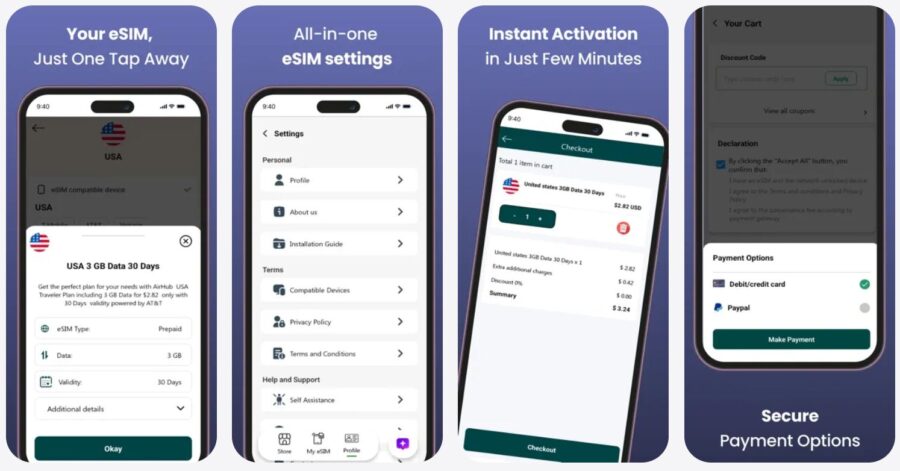 Airhub app screens display eSIM features: selection, settings, activation, and payment options. The design is sleek with a focus on quick setup.