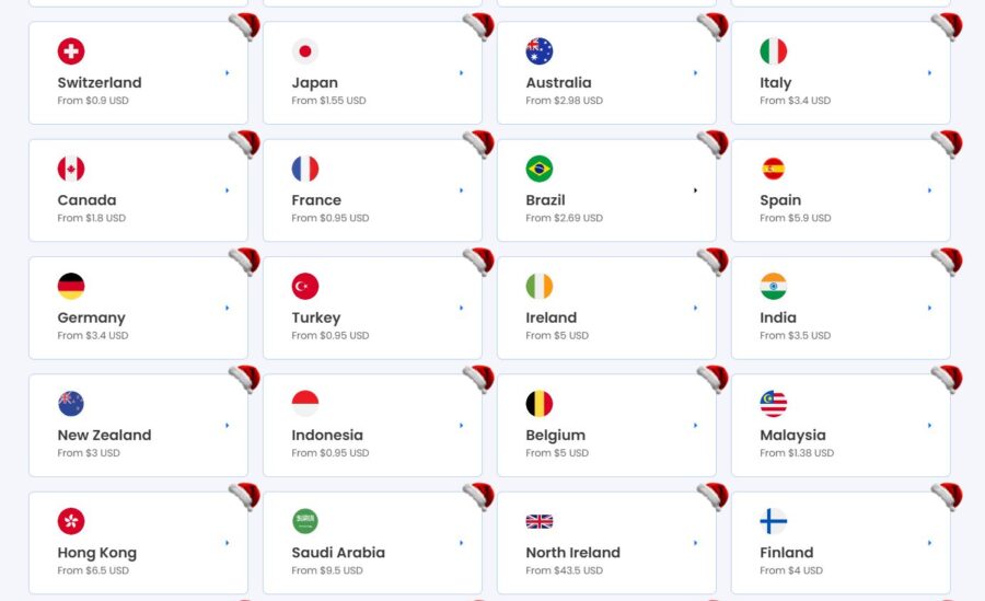 Grid of international flags, each with country names and pricing in USD; festive Santa hats adorn the top corners, conveying a holiday theme.