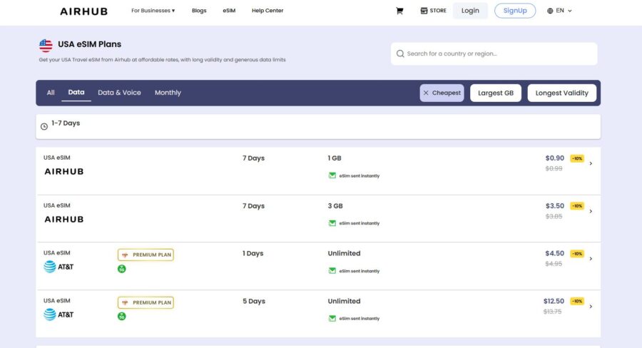 Airhub website page displaying Airhub USA eSIM plans. Options include 7 days with 1GB or 3GB data