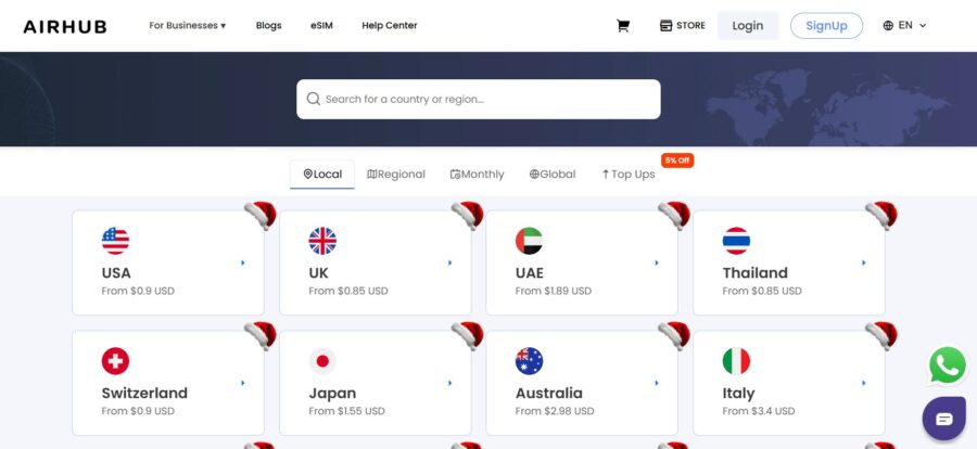 Airhub website interface showing international data plans with country flags and prices, including options for USA, UK, UAE, Thailand, and more.