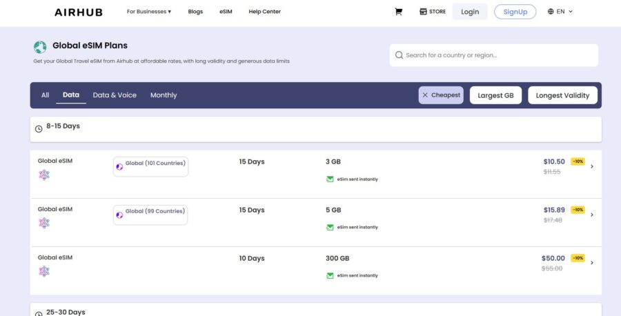 Airhub eSIM plans webpage displaying options for global travel. Plans vary by data size and duration, ranging from 3 GB for 15 days to 300 GB for 10 days