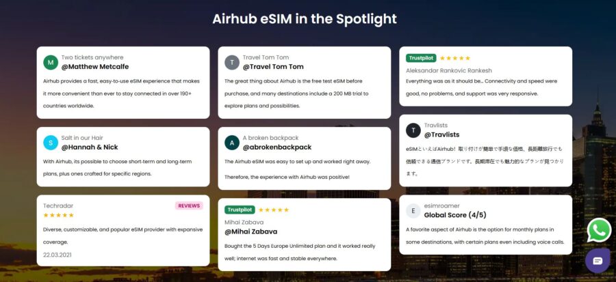 Testimonials about Airhub eSIM from various users highlight its reliability and convenience. Comments praise its ease of use, wide coverage, and strong connectivity. Reviewers include travel bloggers, tech reviewers, and average users, all expressing satisfaction. The image conveys trust and satisfaction with the service.