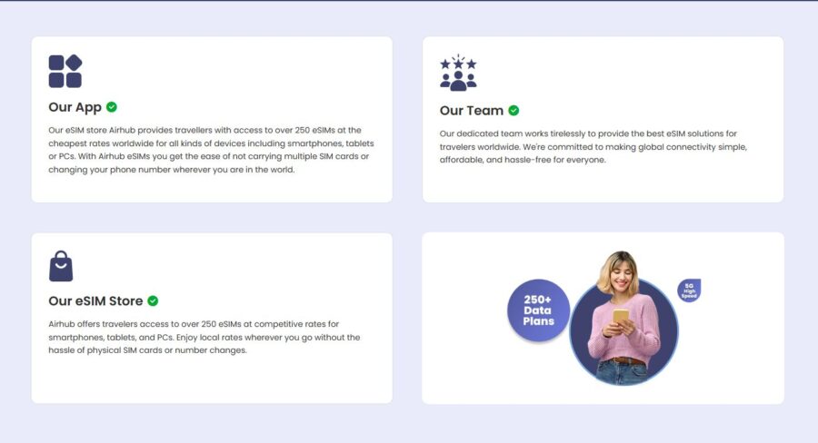 Airhub web page section with three blocks highlighting services: 'Our App', 'Our Team', and 'Our eSIM Store'. Each block features icons and text—people icon for the team, a grid icon for the app, and a bag icon for the store