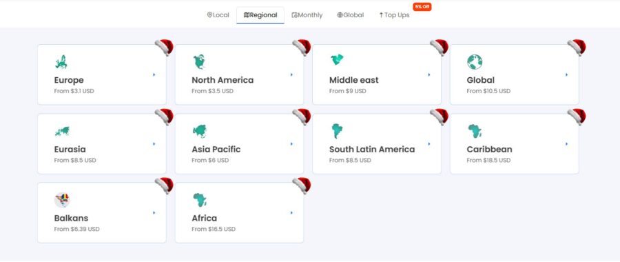 Airhub grid of regional data plans with icons for Europe, North America, Middle East, and more. Each has a starting price in USD, accented with Santa hats.