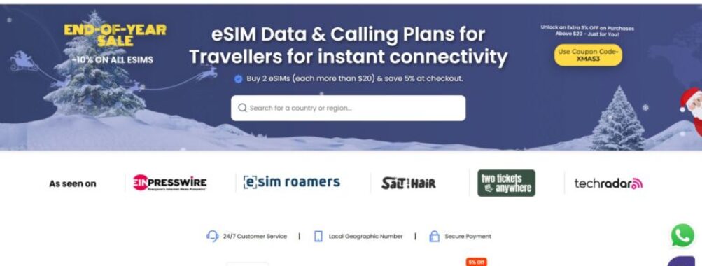 Airhub eSIM webpage featuring an end-of-year sale banner. Offers 10% off on eSIMs for travelers, with a search bar below