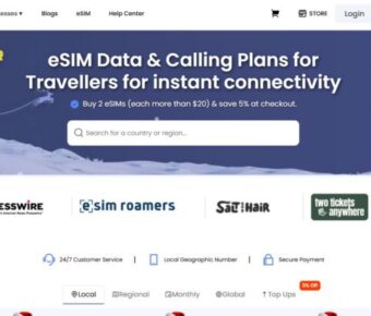 Airhub eSIM webpage featuring an end-of-year sale banner. Offers 10% off on eSIMs for travelers, with a search bar below