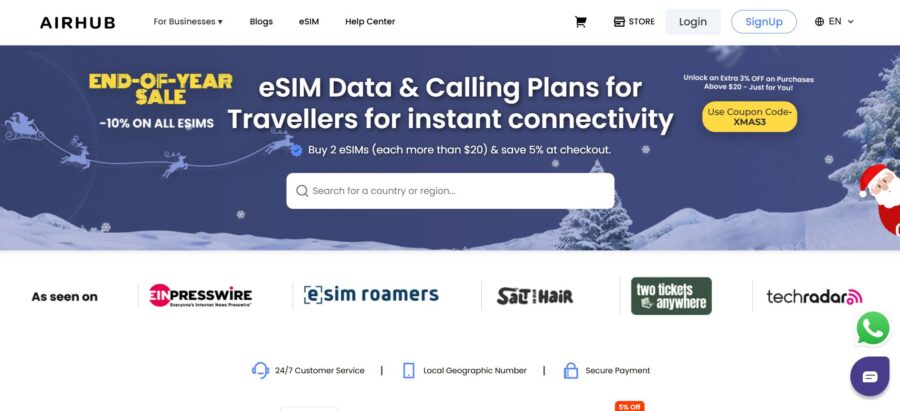 Website page featuring the words "e-domicile" alongside an illustration of Santa Claus.