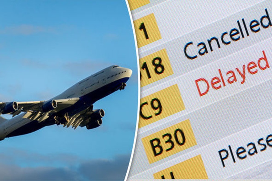 Airplane in flight beside a digital board showing cancelled and delayed airline statuses.