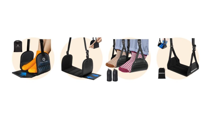 Different styles of airplane foot hammocks aimed at improving economy class travel comfort.

