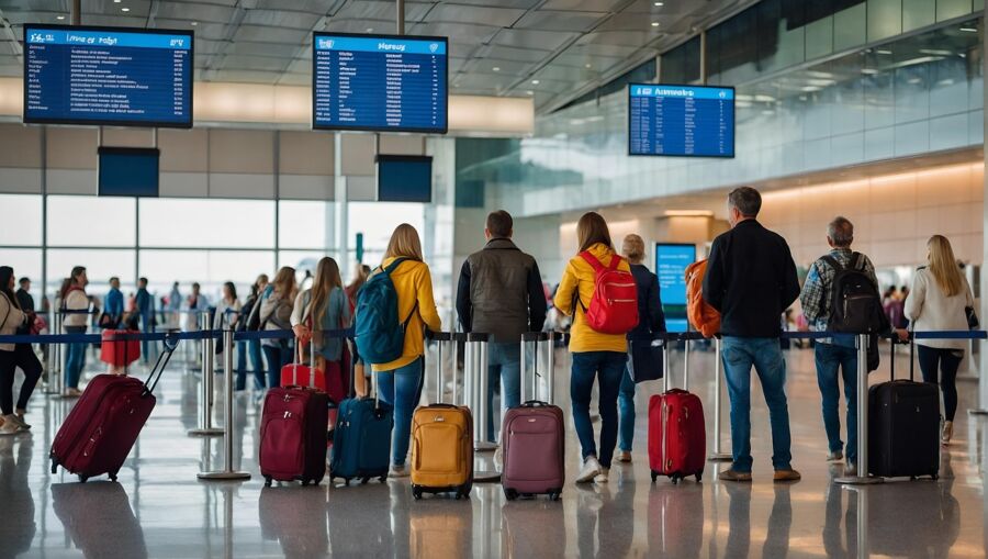 Travelers in airport terminal checking flight information on digital displays.