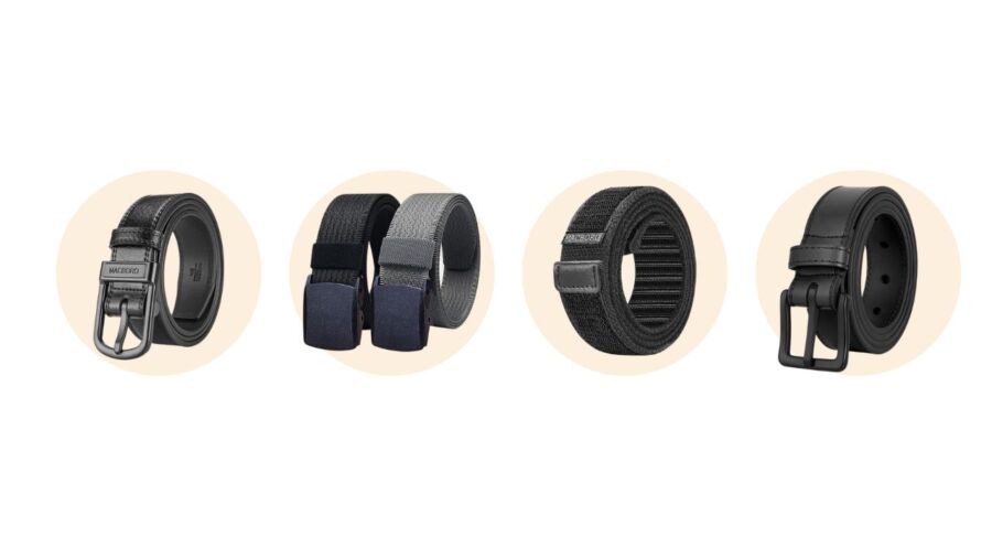 Four belts displayed on a white background, each with a unique buckle design. The colors vary, including black, gray, and navy, with a sleek modern style.