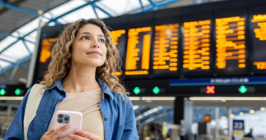 Young woman at airport with smartphone, digital departure board, casual stylish travel attire.
