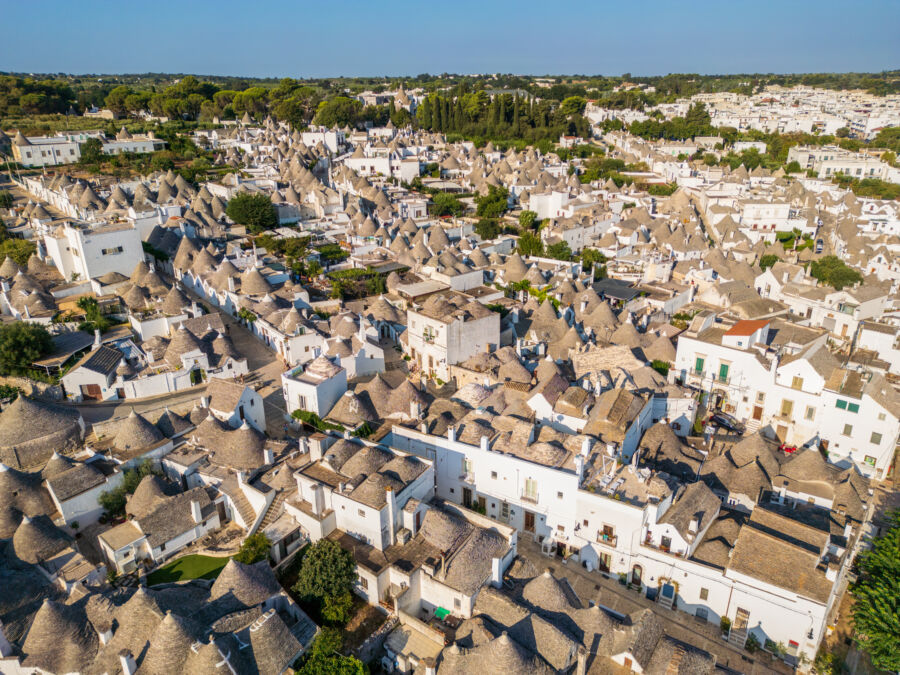 Aerial view of Alberobello, showcasing its iconic trulli houses in the picturesque Puglia region of Italy