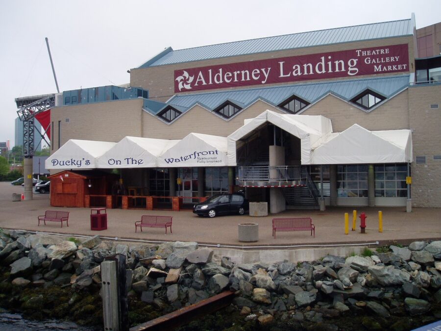 Alderney Landing in Halifax, showcasing a building with a distinctive white awning.