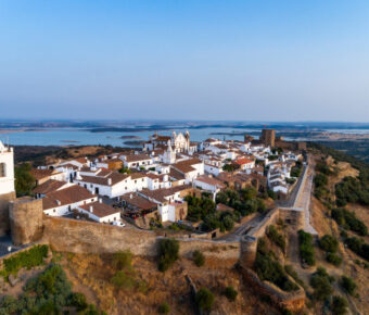 Scenic aerial view of Monsaraz, a picturesque historical village in Alentejo, Portugal, ideal for travel inspiration