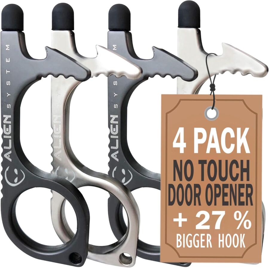 Four-pack of ALIEN SYSTEM touchless door openers, labeled as a 4-pack, designed for no-contact use.
