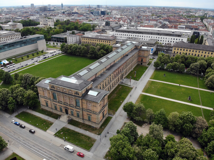 Aerial view of the Alte Pinakothek in Munich, showcasing its grand exterior and surrounding landscape