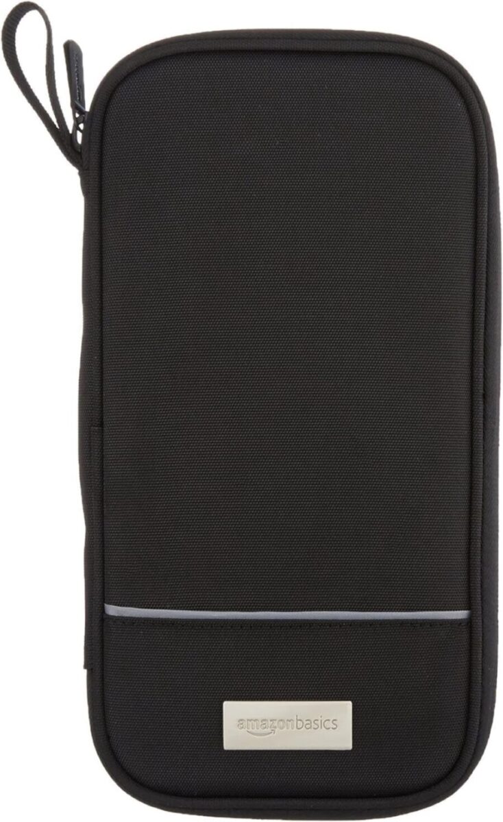 Black zippered case labeled as an Amazon Basics Travel Organizer, designed for efficient travel storage.