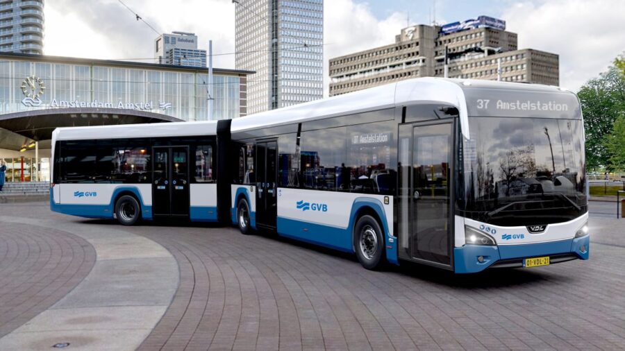 Articulated GVB city bus at Amsterdam Amstel station urban public transportation hub.