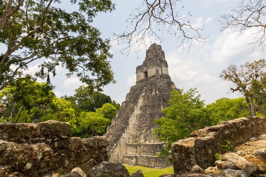 Mayan temple in jungle with stone pyramid, ancient ruins, lush vegetation, mystical atmosphere.
