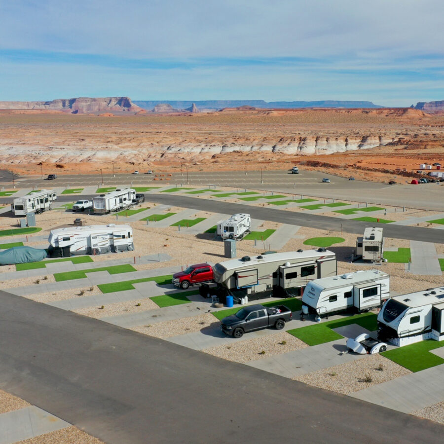 Aerial view of Antelope Point Marina & RV Park, showcasing RVs nestled in the desert landscape.