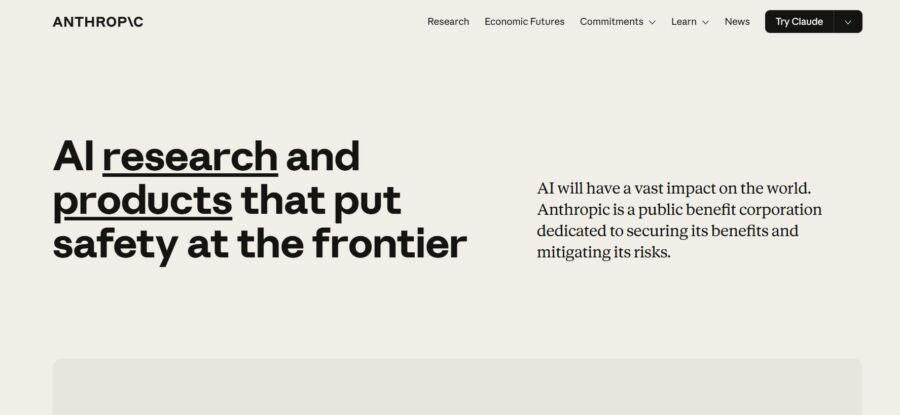 Homepage of Anthropic's website. Bold text reads "AI research and products that put safety at the frontier." Subtext discusses AI's global impact and safety focus.