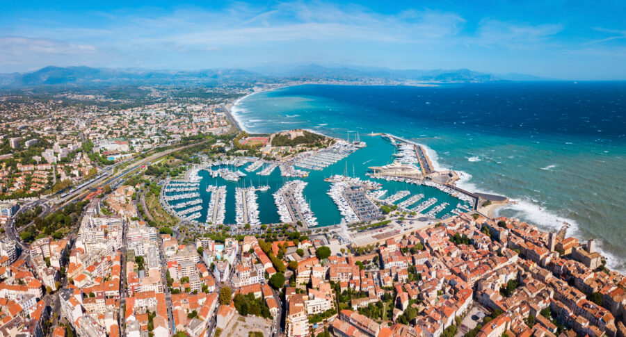 Panoramic aerial view of Antibes, highlighting the stunning coastline and urban landscape of the French Riviera, Provence.