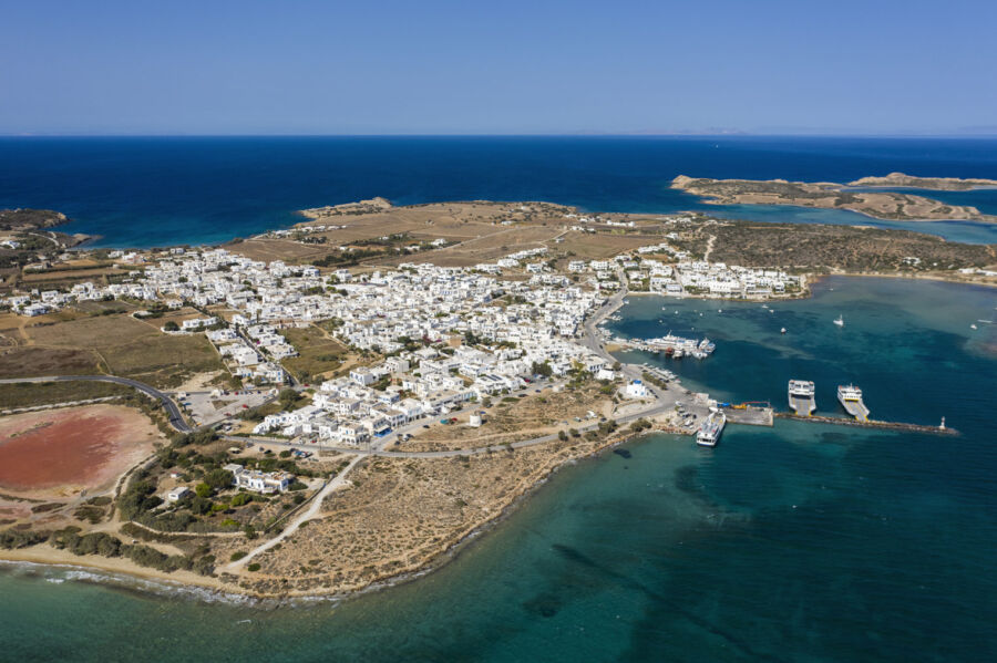 Aerial view of Paros Island, showcasing its beautiful coastline and surrounding waters near Antiparos, Greece.