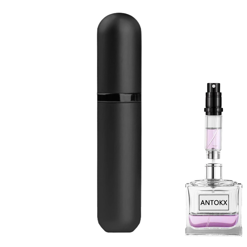 ANTOKX travel perfume atomizer next to a stylish black bottle, highlighting a sophisticated fragrance display.