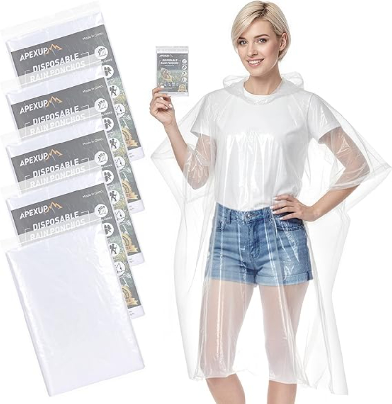 Woman displays a clear plastic rain poncho from the APEXUP Disposable Rain Poncho 5 Pack, prepared for rain.