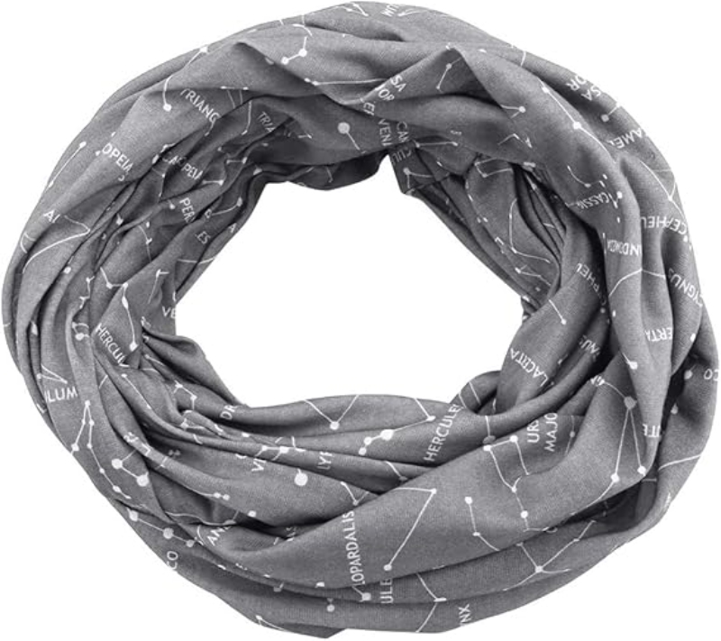 Infinity scarf featuring a constellation print, made from soft, lightweight fabric; part of the Aramox Secret Pocket Travel line.
